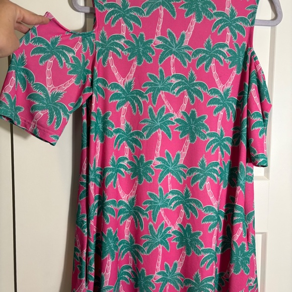 Simply Southern Dress Pink with Green Palm Trees Cold‎ Shoulder Size M - Picture 3 of 4